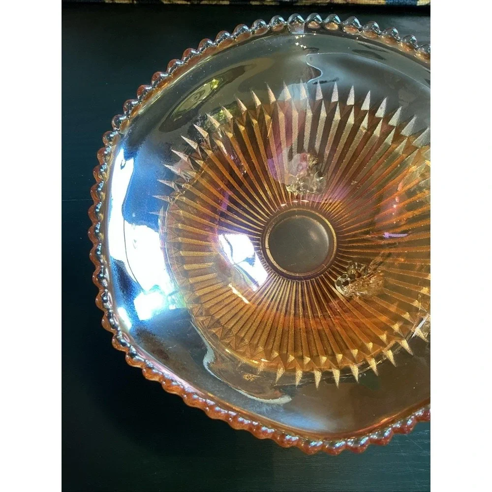 Vintage Jeanette Carnival Glass Anniversary Marigold‎ Three - Footed Bowl